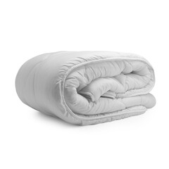 Folded soft white duvet, blanket or bedspread, against white background. 