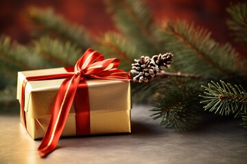 Fototapeta na wymiar Gift box with red ribbon and fir branch on Christmas background, created by generative AI