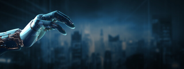 Fototapeta na wymiar Artificial intelligence robot hand touching something on the night city background Generative ai