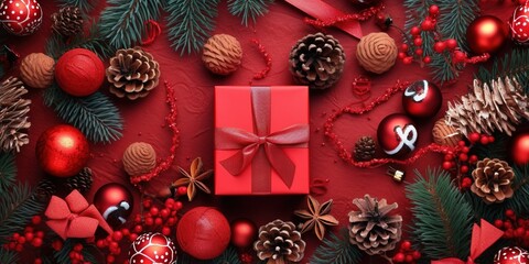 Christmas background with fir tree branches, gift boxes and golden balls on red background, top view, created by generative AI