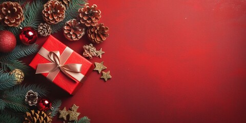 Christmas background with fir tree branches, gift boxes and golden balls on red background, top view, created by generative AI