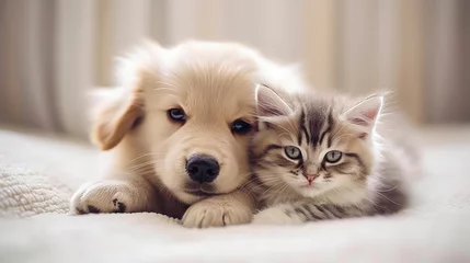 Fotobehang Adorable puppy and kitten lying together in a loving embrace, generative ai © ArgitopIA