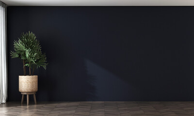 Minimal plant decor and black wall in living room interior, modern design, mock up furniture decorative interior, 3d rendering