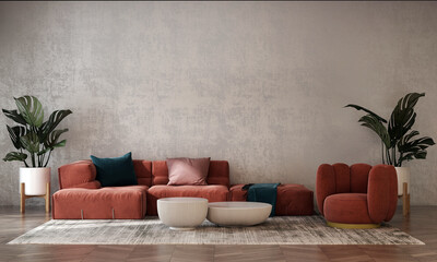 Modern cozy sofa and concrete wall in living room interior, modern design, mock up furniture...