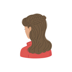 Fototapeta premium Vector isolated Illustration of vintage hairstyle of woman with brown brunette hair long flowing with a pigtail on top, back view