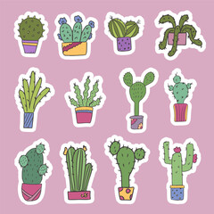 Set of cute potted cactus stickers. room growers. For the design of cards, invitations or stickers. Isolated vector