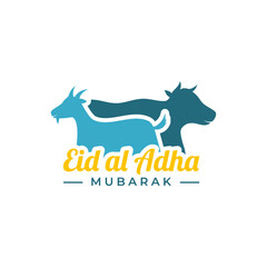 Eid Al Adha Greeting Flat Design with A Goat and A Cow