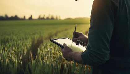 agronomist using a tablet in an agricultural field, Generative AI - obrazy, fototapety, plakaty
