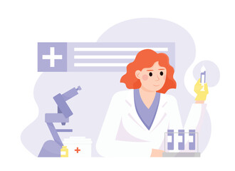 Female cartoon characters making vaccines. Laboratory worker in white coat holding flask with vaccines and provide research. Boosting immune system health. Flu, influenza or coronavirus protection