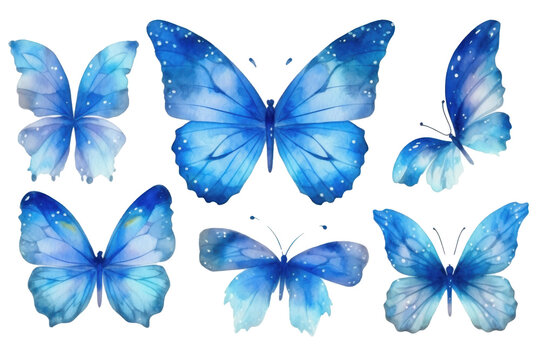 Transparent png Hand painted watercolor butterflies in bright blue. Generative AI