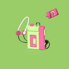 3D illustration of Walkman with color pink and green.3D illustration of an old fashioned cassette player with headset