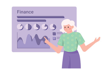 Adult woman standing near presentation with diagram and analyzing. Getting profit or high income. Economist doing budget analysis. Finance management plane. Flat vector illustration in purple colors