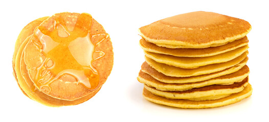 Pancakes stack with honey isolated on white background. Top view. Flat lay pattern