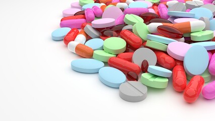 bright colored tablets and capsules on a white background, vitamins and medicines, 3d rendering