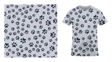 Short sleeved cotton sports t shirt decorated Pads of cat paws seamless pattern. Animal paw prints on ground. Comfortable summer clothes. Vector ornament for design of textile and fabric