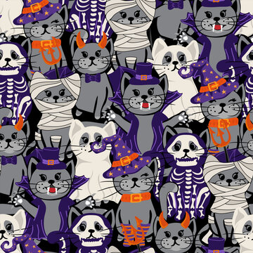 Halloween seamless pattern with cute cats in spooky outfits. Funny holiday texture Perfect for gift wrapping, home decor and Textiles. Vector illustration