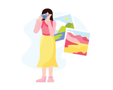 Young female holding camera and taking pictures. Visiting sightseeing during summer vacation. People dealing with outbound tourism. Vector flat illustration in pink and yellow color