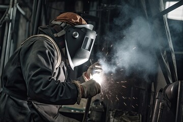 Fototapeta na wymiar welder in protective mask welds metal at factory. industrial and construction concept. A worker wearing a welding helmet welding a metal piece, shielded from sparks, AI Generated