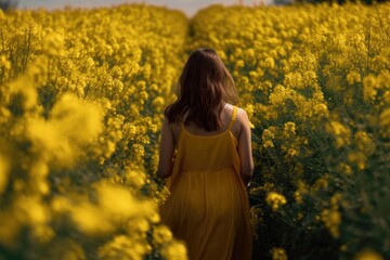 Naklejka na ściany i meble A girl in a yellow dress stands in a field of yellow flowers. A young girl full rear view walks in a field of mustard flowers, AI Generated
