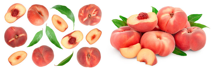 Ripe chinese flat peach fruit and half with leaf isolated on white background. Top view. Flat lay