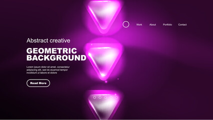 Abstract background landing page, glass geometric shapes with glowing neon light reflections, energy effect concept on glossy forms