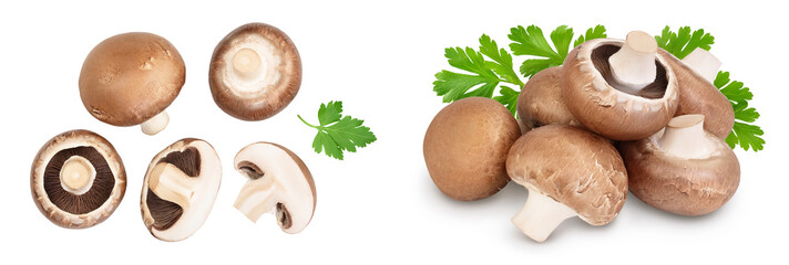 Royal Brown champignon with leaf parsley isolated on white background . Top view. Flat lay © kolesnikovserg