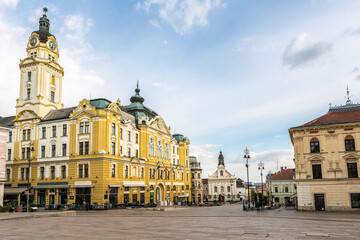 View at the main square in Pecs city, Hungary, in early spring