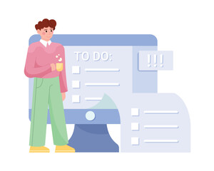 Multitasking people. Metaphor of task list dropping out of computer monitor. Process of managing working schedule. Time management strategy. Productivity and efficiency. Vector illustration