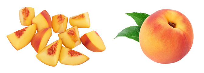 ripe peach pieces isolated on white background . Top view. Flat lay