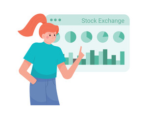Young female looking at presentation with diagram and analysis charts. Research profitable strategies. Finance growth concept. Vector flat illustration in blue and red colors