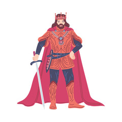 Obraz premium Vector isolated illustration of medieval king, lord, duke with crown and red cape, with sword and knife, monarch Middle ages