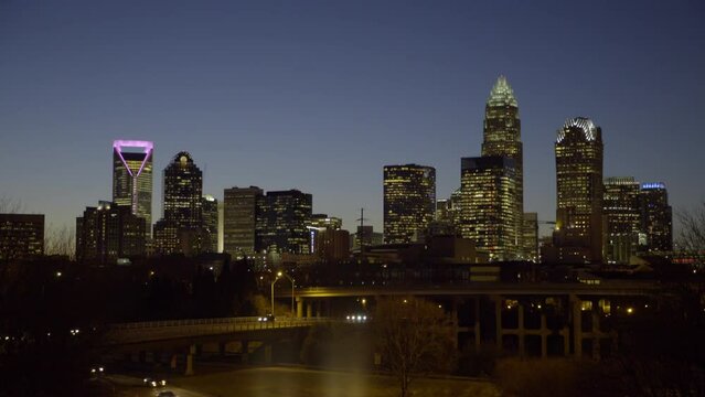 Lockdown Shot Of Illuminated Buildings And Roads In City At Night - Charlotte, North Carolina