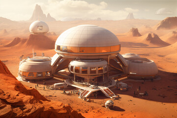 Fototapeta na wymiar Colony of White Futuristic Buildings on Red Surface of Planet Mars, Generative AI