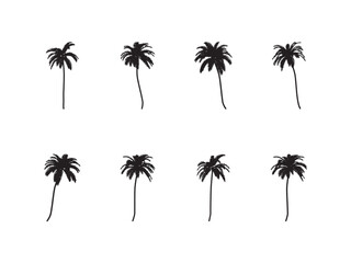 Black palm trees set isolated on white background. Palm silhouettes. Design of palm trees for posters, banners and promotional items. Vector illustration.