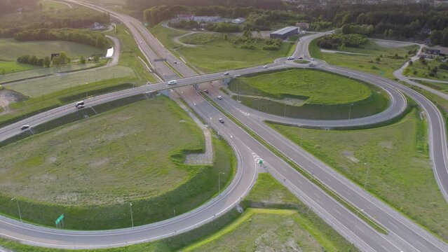 Highway design of road S6 in Kielno Gdynia, Poland. High angle aerial at sunset