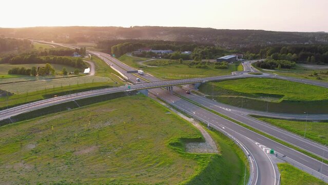 Calm traffic flow on highway S6 in Kielno, Gdynia, Poland. Sunset aerial