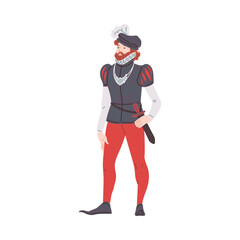 Vector isolated illustration of medieval lord, duke in red pants with knife and a headdress with feather