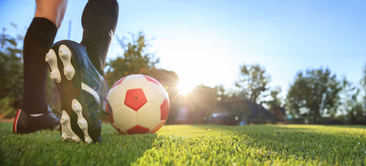 Woman feet and a soccer ball on the grass, closeup. Female football