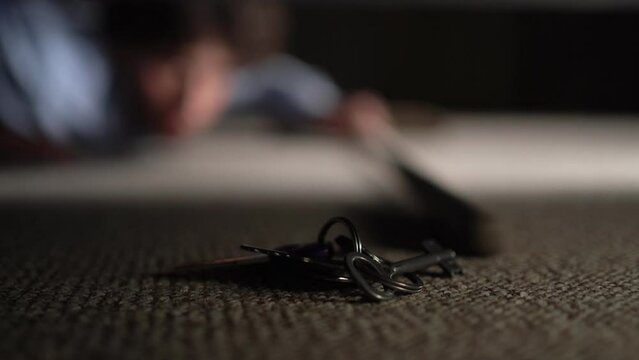 Lost Something. Looking for keys. Searching key under couch