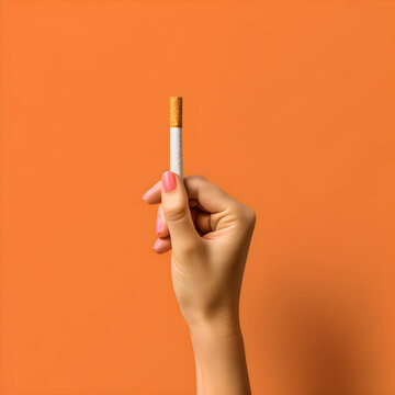 hand holding cigarette isolated on orange studio background, made with generative ai