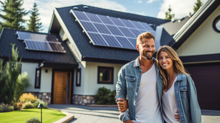 A happy couple stands smiling in the driveway of a large house with solar panels installed.
