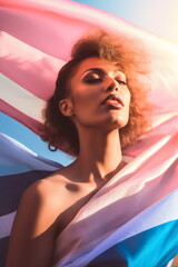 poc trans woman wrapped in trans flag in sunshine, made with generative ai - obrazy, fototapety, plakaty