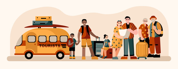 Happy family with suitcases and trolley bags standing with children, waiting for transport. Couple with grandparents and children on summer vacations. Flat vector illustration in warm colors