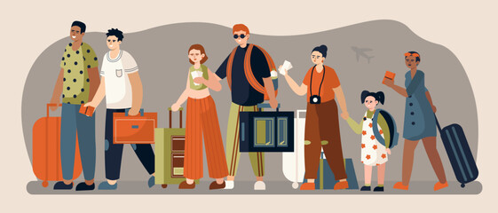 Multicultural cartoon tourists with trolley bags and suitcases waiting to board plane. Men and women at airport ready to travel aboard. Flat vector illustration in warm colors