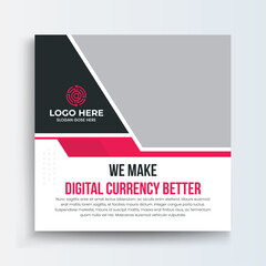 Cryptocurrency square banner template. Social banner with black, orange and blue color background. Flat design vector with photo collage. Usable for social media, story and web internet ads.