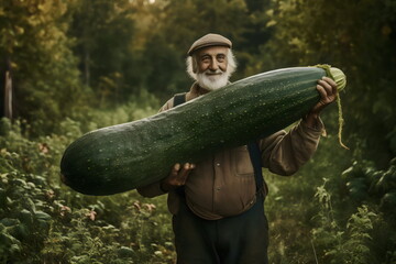 farmer proudly holding a giant zucchini, made with generative ai - obrazy, fototapety, plakaty