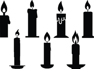 Set of candle silhouettes. Candlestick silhouettes. Black and white candles. Vector illustration.