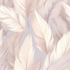 Luxury, delicate and tender seamless pattern background with elegant pink feathers. AI illustration. Boho style texture. For textile, fashion, fabric, wrapping paper, card.