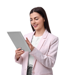 Beautiful businesswoman with tablet on white background