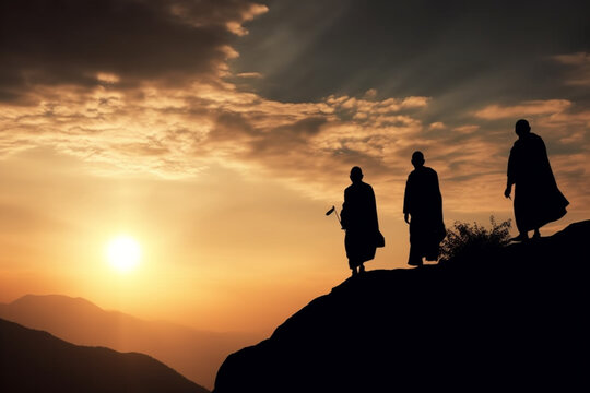 Buddhist lent day silhouette Wed monks pictured at the top of the mountain and morning sunshine Background stock photo,,,
